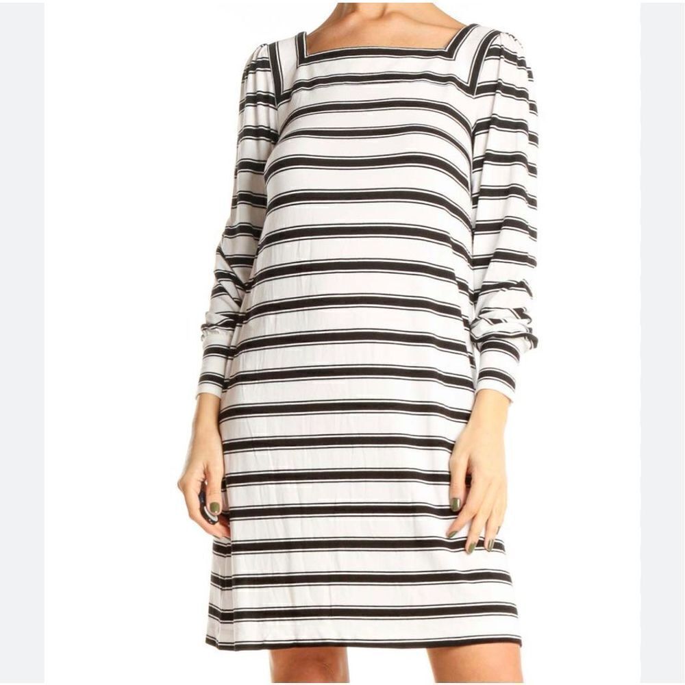 LOFT Dress Black & White Horizontal Stripes Long Sleeve square neckline size MP